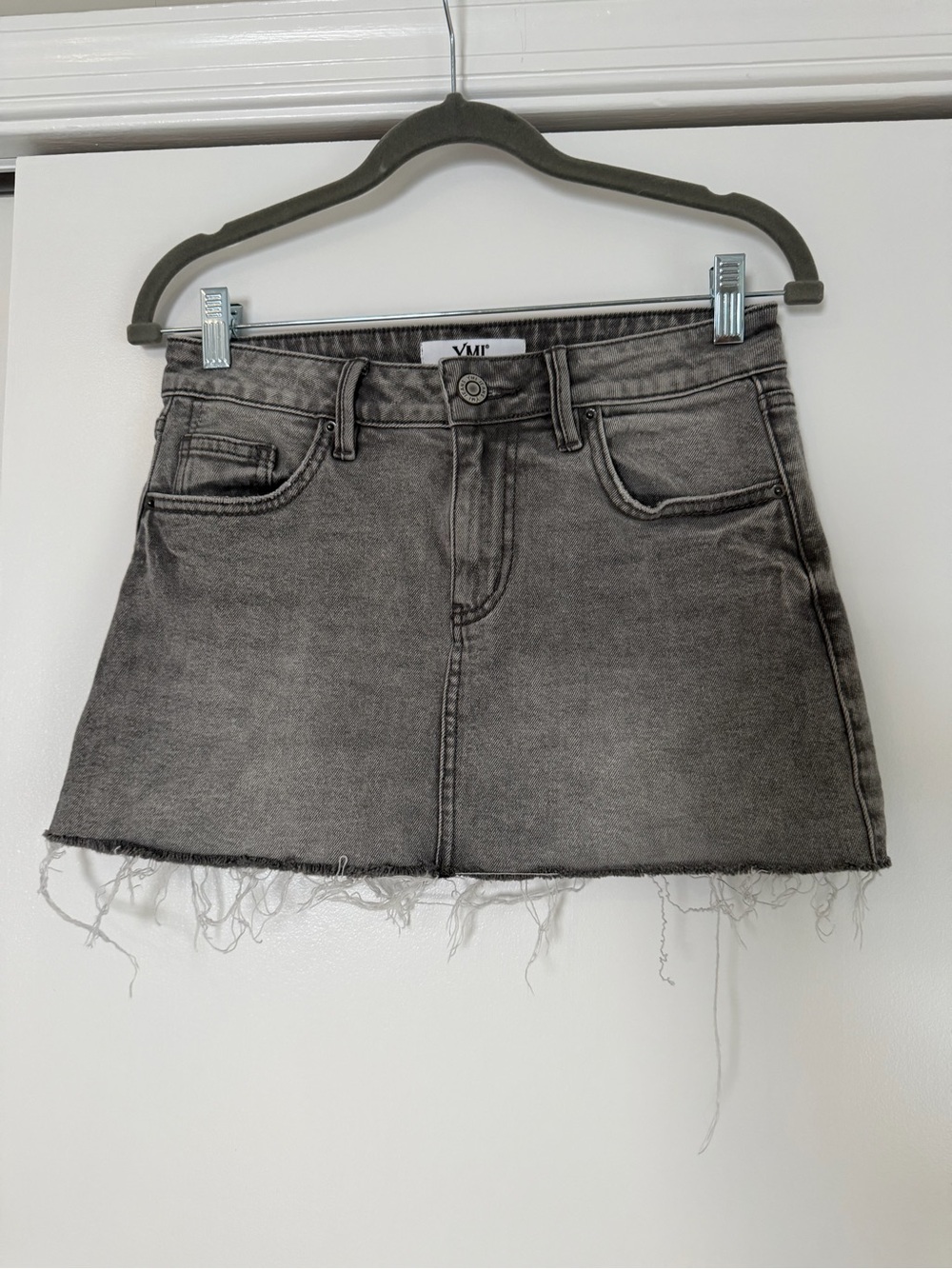 Gray Denim Mini Skirt with Frayed Hem